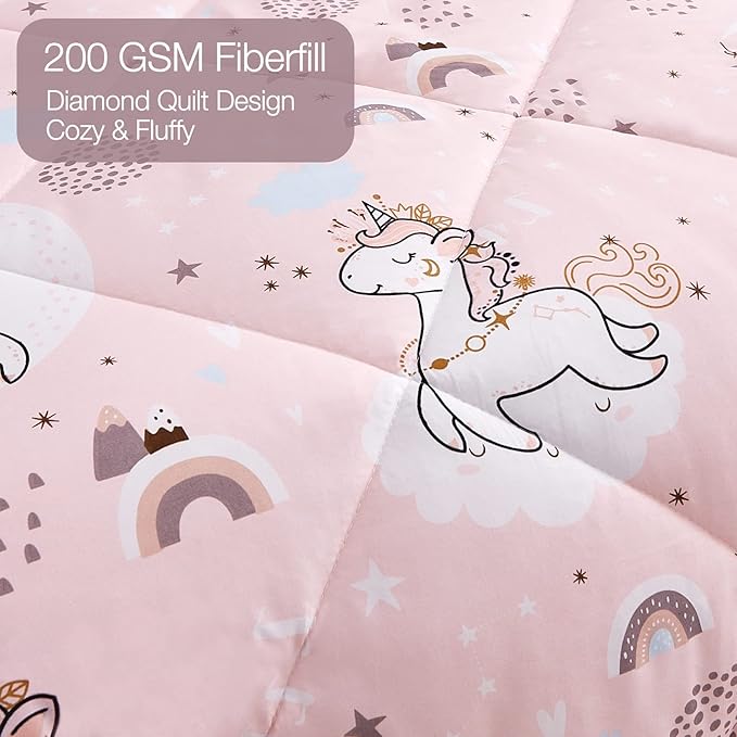JSD Pink Unicorn Kids Comforter Set Queen Size, 3 Piece Printed Microfiber Comforter with Pillow Sham, Machine Washable