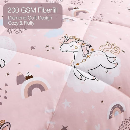 JSD Pink Unicorn Kids Comforter Set Queen Size, 3 Piece Printed Microfiber Comforter with Pillow Sham, Machine Washable