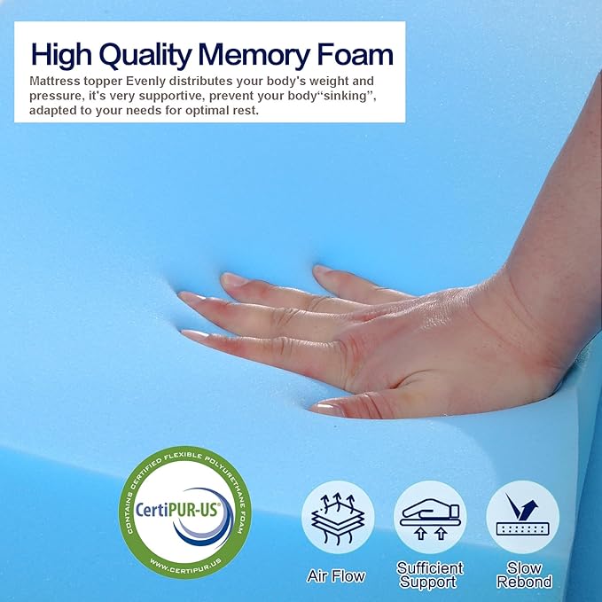 Twin Memory Foam Mattress Topper, Twin Size Mattress Topper 3 Inch High Density Mattress Pad Comfort Cooling, Bed Topper with Removable Cover, 4 Elastic Straps White CertiPUR-US Certified