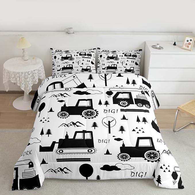 Feelyou Construction Bedding Set Twin Size Equipment Trucks Comforter Set for Kids Boys Girls Decor Cartoon Car Excavator Tractor Comforter Black White Duvet Set Bedroom Quilt Set with 1 Pillow Case
