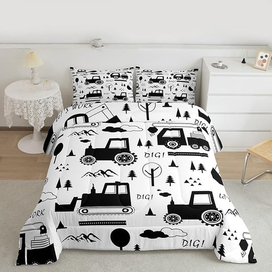 Feelyou Construction Bedding Set Twin Size Equipment Trucks Comforter Set for Kids Boys Girls Decor Cartoon Car Excavator Tractor Comforter Black White Duvet Set Bedroom Quilt Set with 1 Pillow Case