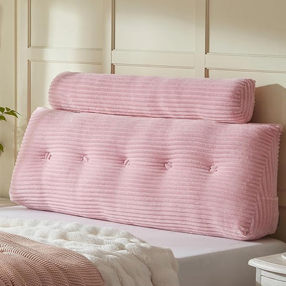 Headboard Wedge Pillow + A Long Neck Roll Pillow Body Pillow，Large Headboard Pillow with Removable Cover (Pink, Queen：59x8x20 inches)