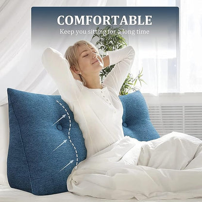 Wedge Headboard Pillow Dorm Room Reading Pillow Back Support for Sitting Up in Bed Bolster Lumbar Cushion Body Positioning Bedrest Cotton Linen 59in Blue Queen