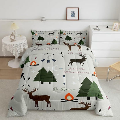 Adventure Deer Comforter Set Queen Size,Cartoon Pine Tree Jungle Animals Bedding Set,Arrow and Stars Moon Quilt Set for Kids Girls Boys Adult Room Decor Rustic Camping Duvet Insert Green 3Pcs