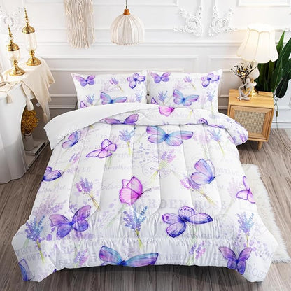 Butterfly Comforter Set Queen Size for Girls Kids Adults Lavender Flowers Pattern Bedding Set Aesthetics Butterflies Quilt Bed Set with 1 Comforter and 2 Pillowcases