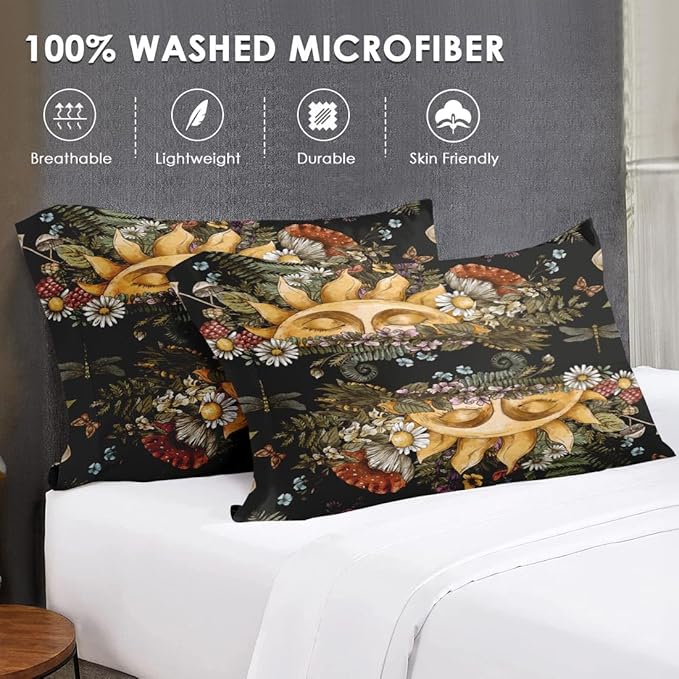 Full Size Comforter Set with 2 Pillowcase, Vintage Sun Moon Woodland Soft 3 Pcs Bedding for Kids and Adults, Mushroom Fern Plants Comforter Set for Room Bedroom Bed Decor