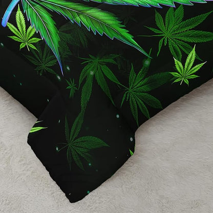 Green Marijuana Leaf Themed Comforter 3Pcs Twin Bright Weed Leaves Herb Botanical Bedding Set for Kid Teen Girl Boy Adult Room Decor Cannabis Leaves Quilt with 1 Comforter and 2 Pillowcases