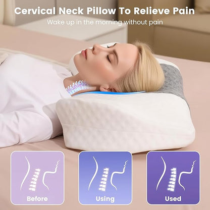 HOKIZU Cervical Memory Foam Pillow with Bamboo Fabric Pillowcase- Breathable, Supportive for Neck & Shoulder Pain Relief, Ergonomic Contour Neck Pillow for Side, Back, Stomach Sleepers(White-Gray)