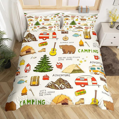Camping and Adventure Duvet Cover Set Twin Size,Cartoon Bear Camper Car Bedding Set for Kids Girls Boys Teens Room Decor,Happy Camping Comforter Cover Outdoor Travel Quilt Cover,1 Pillowcase
