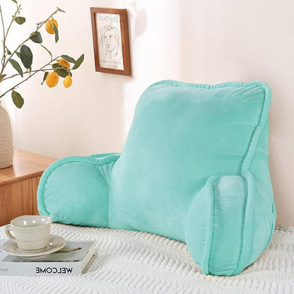 Super Soft Velvety Backrest Reading Bed Rest Pillow with Arms and Pockets 18" H for Sitting in Bed Couch Sofa, Back Support Wedge Cushion with Removable Cover, 20" x 18" x17", Pastel Blue