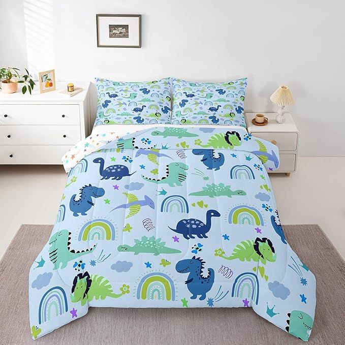 Feelyou Boys Dinosaur Toddler Bedding Sets Full Size Girls Blue Green Dinosaurs Comforter Set Cute Cartoon Dino Rainbow Down Comforter Quilt Kids Room Decor Reversible Stars Bed Set for All Seasons