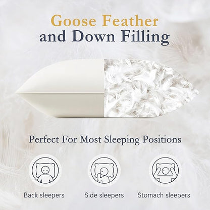 puredown® Goose Feather Down Pillows, 100% Organic Cotton Cover, Luxury Hotel Collection Bed Pillows for Sleeping Set of 2, Standard Size