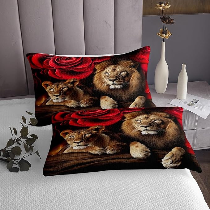 Erosebridal Lion Bedding Set Twin Size, Africa Wildlife Quilted for Kids Teens Adult, Red Rose Flower Pattern Coverlet Set, Animal Theme Bedspread, Soft Luxury Microfiber, Black Brown