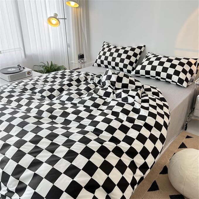 Wellboo Black White Plaid Comforter Sets Queen Women Men Black and White Checkerboard Grid Bedding Comforters Cotton Boys Girls Modern Checkered Geometric Quilts Luxury Abstract White Bedding