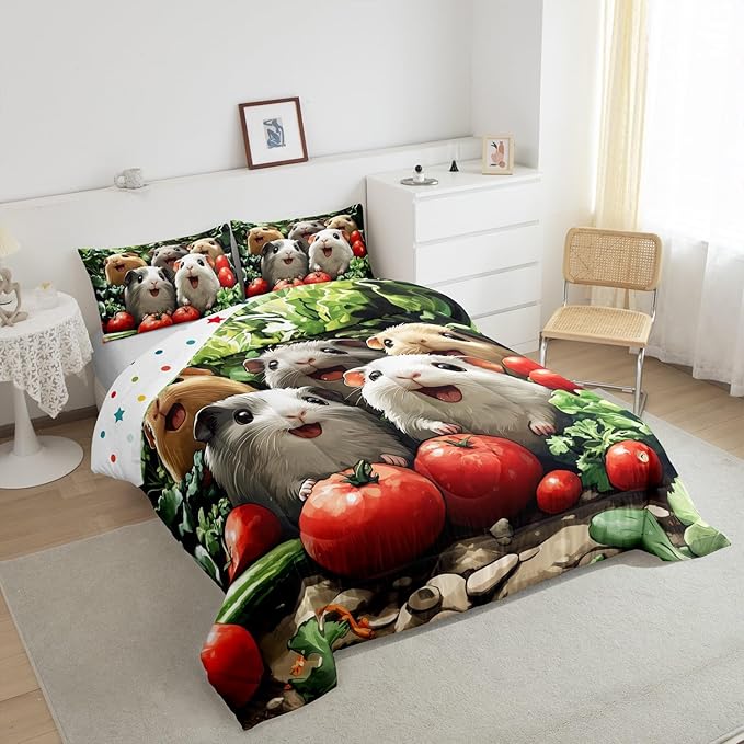 Funny Guinea Pig Bedding Set Toddler Size Cute Jungle Animal Comforter Set for Kids Teens Room Decor 3D Fresh Vegetables Duvet Insert Nature Green Botanical Down Comforter Set,2Pcs