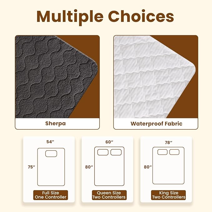 Bearhug Heated Electric Mattress Pads Queen Size Dual Controllers Bed Warmer Sherpa 21” Deep Pocket 10 Heat Settings 12-Hour Timer Machine Washable Gray 60”×80”