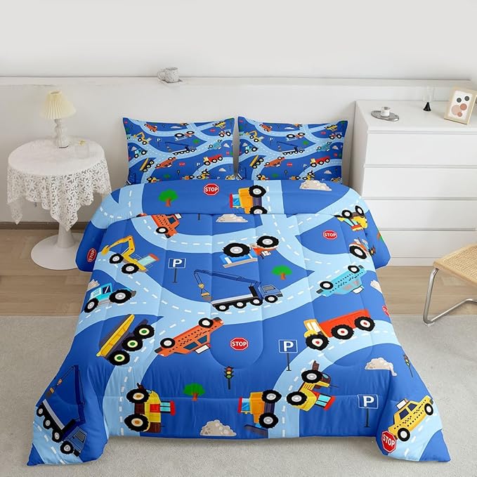 Feelyou Construction Comforter Set Toddler Size Equipment Trucks Bedding Set for Kids Boys Girls Excavator Tractor Duvet Quilt Construction Vehicles Bedroom Decor Yellow Red2 Pcs with 1 Pillow Cases