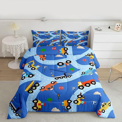 Feelyou Construction Comforter Set Toddler Size Equipment Trucks Bedding Set for Kids Boys Girls Excavator Tractor Duvet Quilt Construction Vehicles Bedroom Decor Yellow Red2 Pcs with 1 Pillow Cases
