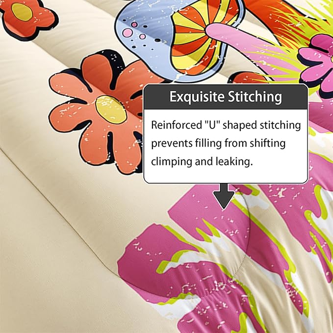 Axolotl Cartoon Mushroom Comforter Set King,Colorful Mushrooms Girls Bedding Set,3 Piece Cute Mushroom Bedding,Red Pink Floral Flower Comforter for Kids Boys Girls Teens,1 Quilt 2 Pillowcases