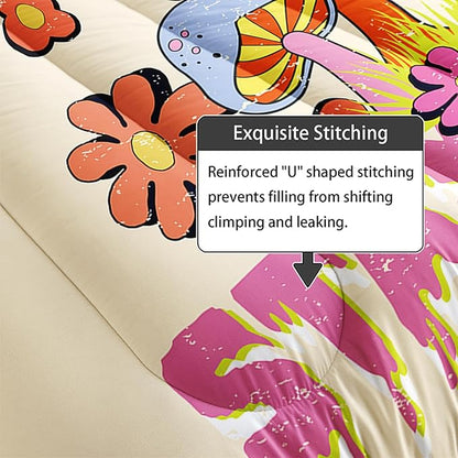Axolotl Cartoon Mushroom Comforter Set King,Colorful Mushrooms Girls Bedding Set,3 Piece Cute Mushroom Bedding,Red Pink Floral Flower Comforter for Kids Boys Girls Teens,1 Quilt 2 Pillowcases