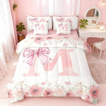 Erosebridal Dreamy Princess Bowknot Twin Bedding Sets, Pink Initial Letter M Comforter Cute Kawaii Letter Bow Bed in A Bag for Girls Kids Young Woman Romantic Flower Floral Bowknot Comforter Set