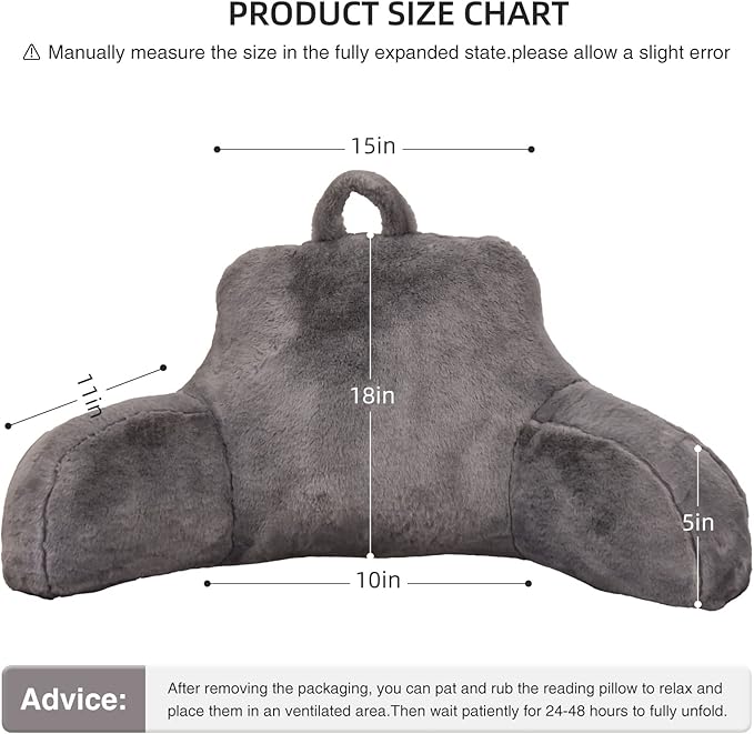 Aimuan Reading Pillow Bed Rest Pillow with Arms Rabbit Fur Cushion for Adults Teens Incline Rest Sitting up & Sleeping Snoring Pillow with Pregnancy Lumbar Back Support (Standard, Grey)