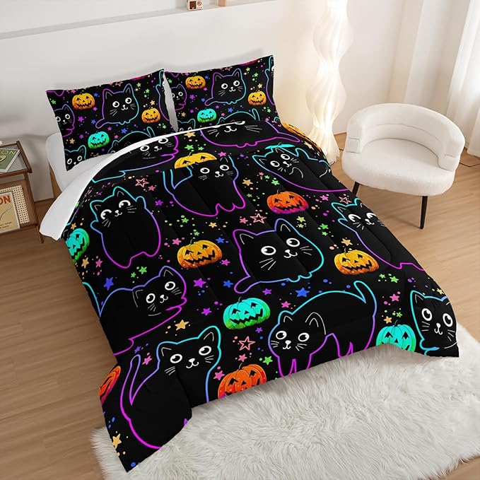 Cute Pet Cat Comforter Full Bedding Sets,Halloween Pumpkin Lantern Stars Pattern Comforter Sets for Toddler Kids Room Decor,Colorful Neon Lights 3Pcs Bed Set with 2 Pillowcases.