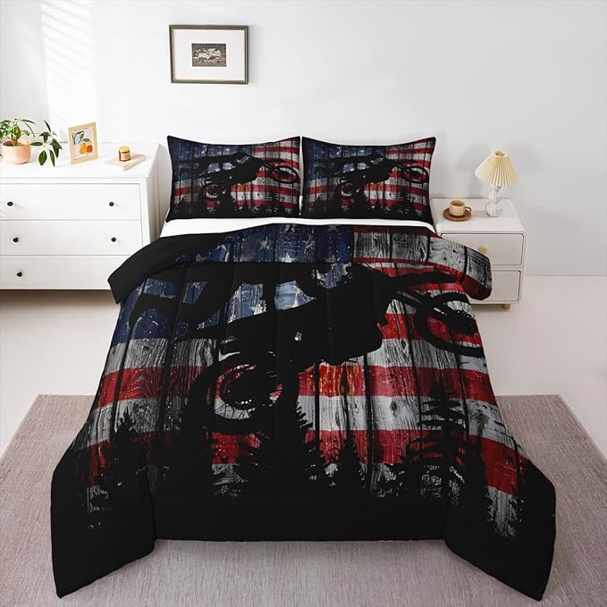 American Flag Comforter Set Queen Size Boys Dirt Bike Racing Motocross Rider Bedding Set Kids Teens Men Rustic Farmhouse Wooden Quilt Set Retro Black Pine Tree Silhouette Duvet Insert 3pcs