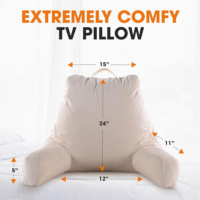 Cheer Collection Reading Pillow with Arms – Portable Bed Pillow for Sitting Up & Support, Foam-Filled Back Rest Pillow for Sitting in Bed & Couch, Machine Washable Ivory (Large)