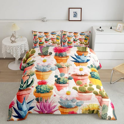 Watercolor Cactus Comforter Set Toddler Size for Kids Tropical Wild Flower Bedding Sets All Season Desert Botanical Quilt Set Bedroom Decor Nature Green Plant Down Comforter,2Pcs