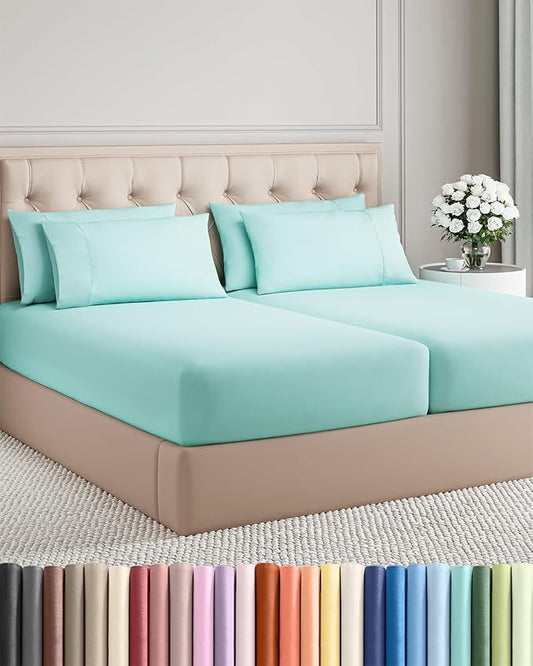 Split King 7 Piece Sheet Set - Comfy Breathable & Cooling - Soft Hotel Luxury Bedding Set with 8-16 Inch Deep Pockets - 1 Flat & 2 Fitted Sheet & 4 Pillowcases - Wrinkle Free & Easy Care - Spa Blue