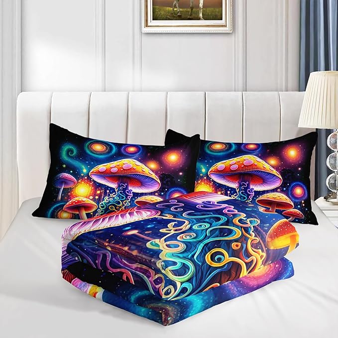 Kids Mushroom Comforter Set King Size,Colorful Flash Natural Wild Fungus Bedding Set for Kids Boys Girls Room Decor,Botanical Plants Bedding Sets with 2 Pillowcases.