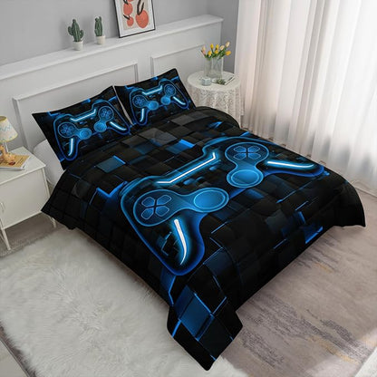 Axolotl Gamepad Comforter Set King Size,Boys Gaming Console Comforter,3D Blue Grid Print Bedding Set,Modern Gaming Controller Geometry Bedding for Adult Teens Men,1 Quilt 2 Pillowcases,Blue Black