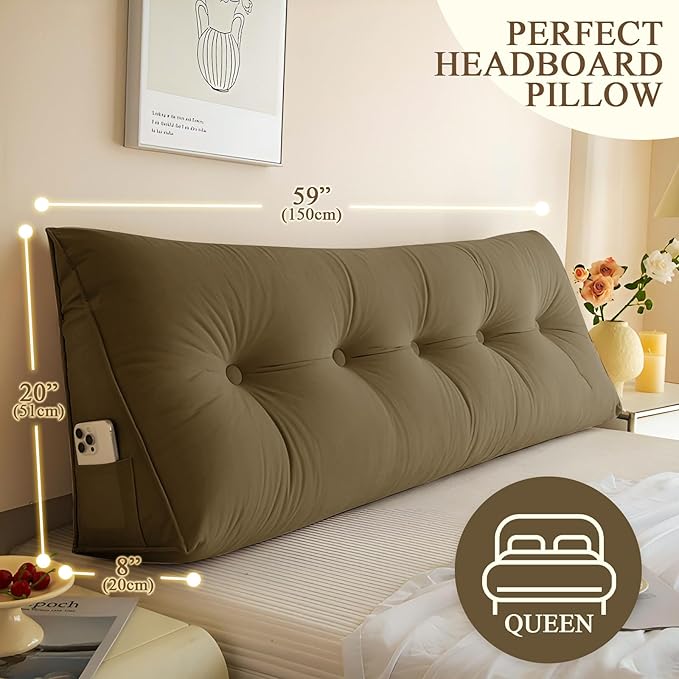 Headboard Pillow Queen, Large Triangular Wedge Headboard Pillow for Reading and Resting, Backrest Positioning Support Pillow with Removable Cover (Brown)