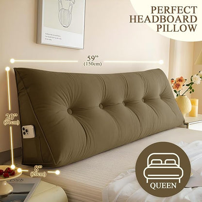 Headboard Pillow Queen, Large Triangular Wedge Headboard Pillow for Reading and Resting, Backrest Positioning Support Pillow with Removable Cover (Brown)