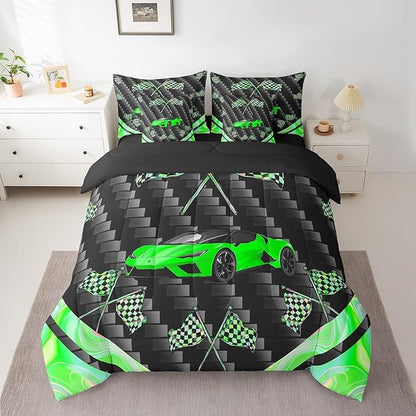 Feelyou Green Race Car 7 Piece Bedding Set Twin Size Extreme Sports Comforter Set with Sheets for Kids Teens Adult Fast and Furious Bed in a Bag Dazzling Flag Bed Set