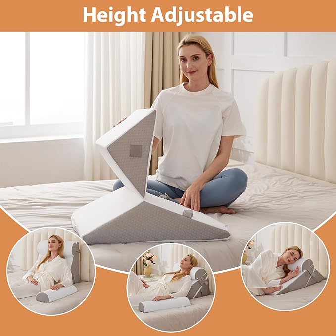 Orthopedic Bed Wedge Pillow Set 4Pcs, Adjustable Memory Foam Wedge Pillow, Pillow Wedges for Post Surgery, Back Pain Relief, Triangle Pillows for Acid Reflux, Snoring, GERD, White/Grey