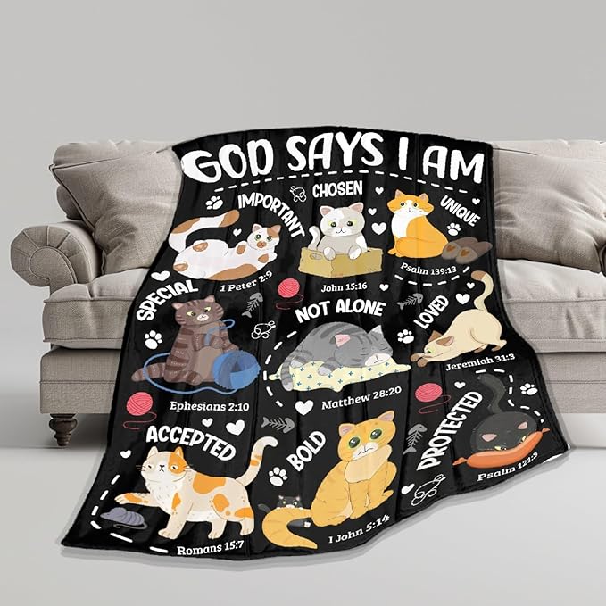 Cat Throw Blanket,Bible Verse Blanket, Christian Gifts, God Says I am Print Blankets, Meaningful Thoughtful Religious Gifts for Girls,Cat Lover Room Bed Decoration, 30"x40"