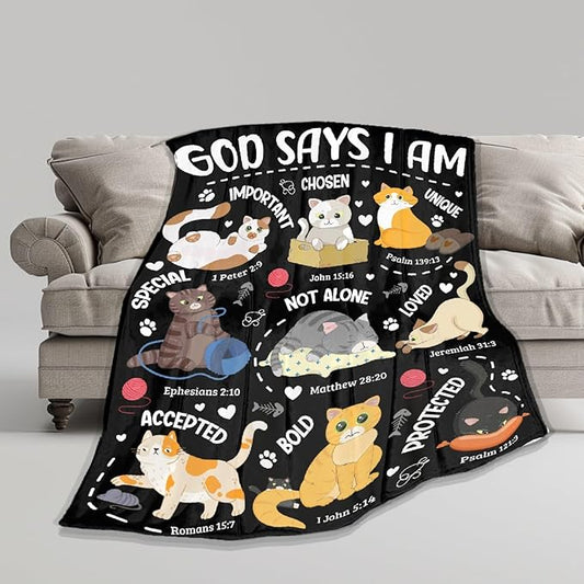 Cat Throw Blanket,Bible Verse Blanket, Christian Gifts, God Says I am Print Blankets, Meaningful Thoughtful Religious Gifts for Girls,Cat Lover Room Bed Decoration, 50"x60"