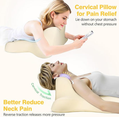 Reading Pillow for Lying, Leaning and Prone, Contour Memory Foam Pillow, Ergonomic Cervical Pillow for Neck and Shoulder Pain Relief, Bed Wedge Pillow Beige