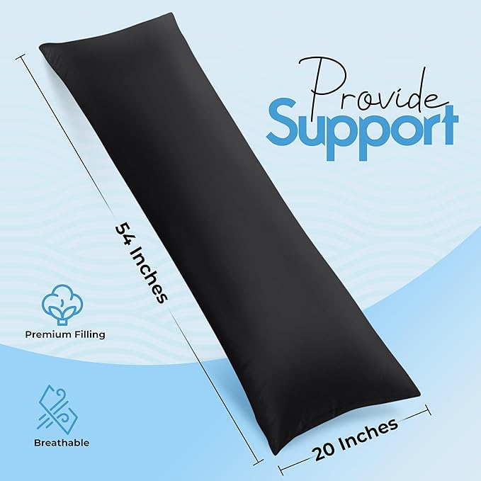 Utopia Bedding Full Body Pillow for Adults (Black, 20 x 54 Inch), Long Pillow Insert for Sleeping, Ideal for Side Sleepers