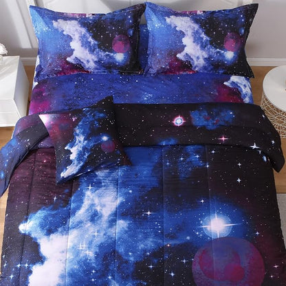 6Pcs Galaxy Comforter Set with Sheets for Kids Boys Girls Teens, Outer Space Themed Bed in a Bag Queen Size, Dark Blue 3D Printed Bedroom Decor Bedding Set