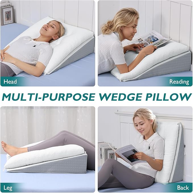 TANYOO Bed Wedge Pillow for Sleep Apnea 7.5Inch Gerd Pillow Patent Dual Layer Triangle Pillow Adjustable Shredded Memory Foam Topper Soft Support Ideal for Acid Reflux, After Surgery, Snoring