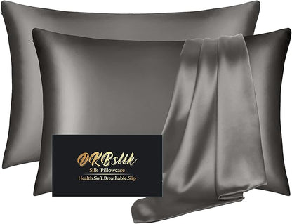 Silk Pillowcase 2 Pack, Natural Mulberry Silk Pillow Case, Anti Acne Silk Pillowcase for Hair and Skin, King Size Silk Satin Pillowcase Set of 2 with Hidden Zipper, Gifts for Women Men, Dark Gray