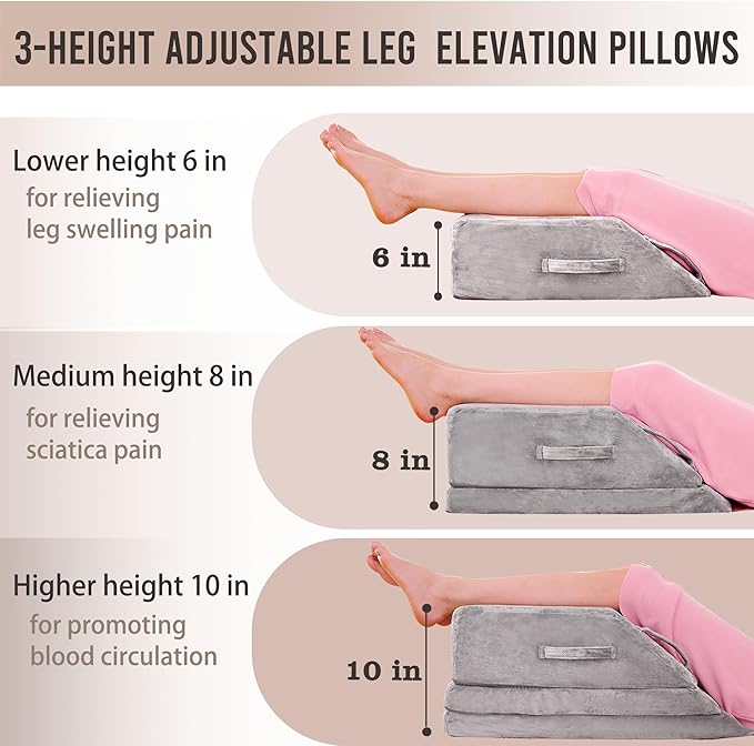 Wedge Pillow for Sleeping, Bed Wedge Pillow for After Surgery 3-Height Memory Foam Leg Elevation Pillow for Swelling Back Pain Relief Sciatica Knee Ankle Pain Bed Support Legs 6"-10”