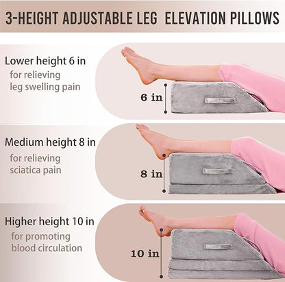 Wedge Pillow for Sleeping, Bed Wedge Pillow for After Surgery 3-Height Memory Foam Leg Elevation Pillow for Swelling Back Pain Relief Sciatica Knee Ankle Pain Bed Support Legs 6"-10”