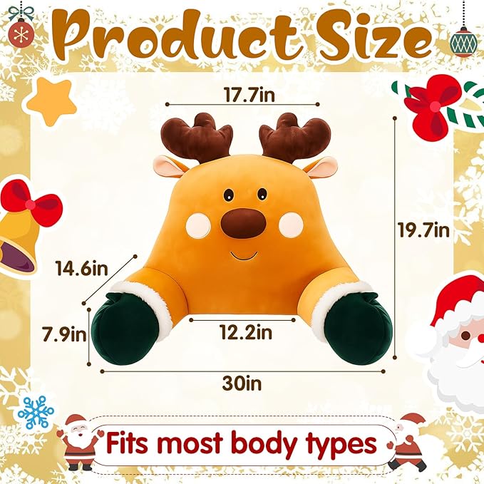 Breling Christmas Reading Pillows Reindeer Pillow Gifts for Bed Sitting up, 30" x 19.7" Large Backrest Cushion with Arms Back Support for Reading Rest Sit up on Couch Sofa Floor
