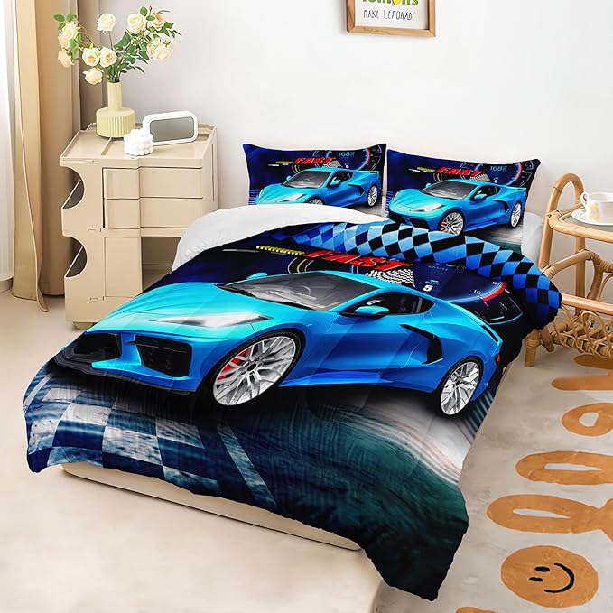 AILONEN Blue Racing Car Comforter Set,Extreme Sports Car Bedding Set for Boys,Teens Twin Size, Automobile Cool Duvet Set,3-Piece,1 Quilt and 2 Pillowcases