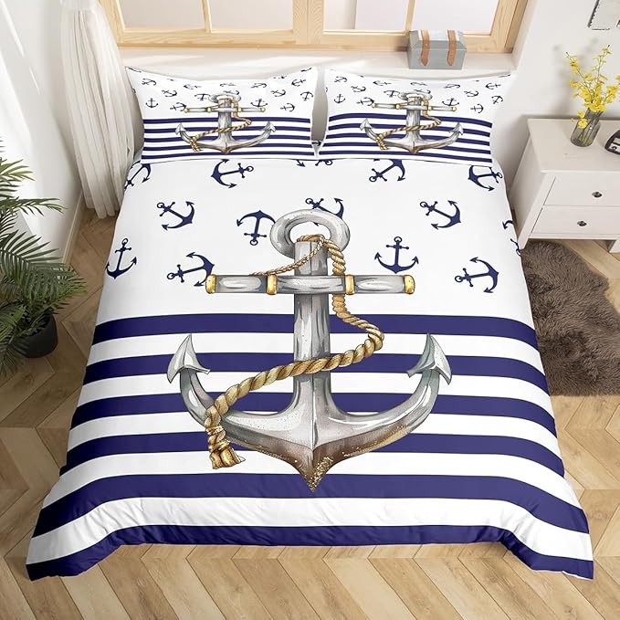 Castle Fairy Anchor Comforter Cover Queen Size, Blue Ocean Navigation Theme Print Duvet Cover Set for Children Bedroom Present, Dark Blue and White Stripes Decorative Bedding Set with 2 Pillowcases