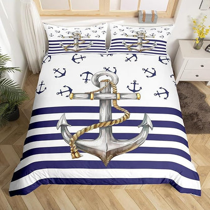 Castle Fairy Anchor Duvet Cover Full Size, Blue Ocean Navigation Theme Print Comforter Cover for Girls Teens Bedroom Present, Dark Blue and White Stripes Decorative Bedding Set with 2 Pillowcases